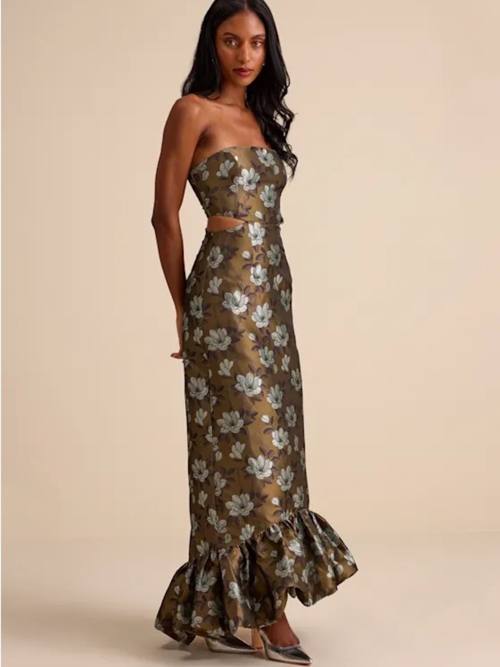 Nathania Olive Floral Jacquard Strapless Bubble-Hem Maxi Dress